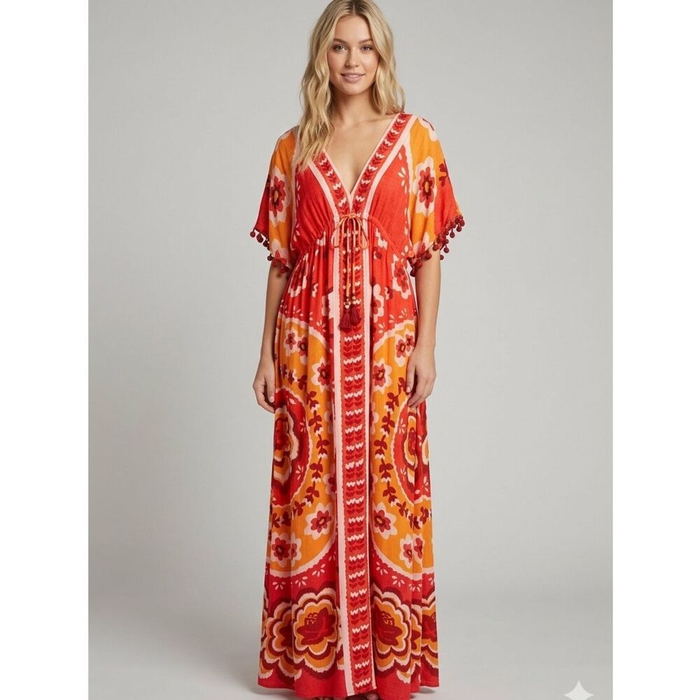 NWT Farm Rio For Anthropolgie Maxi Cover Up Dress V-Neck Swim Size XS 100% Visco